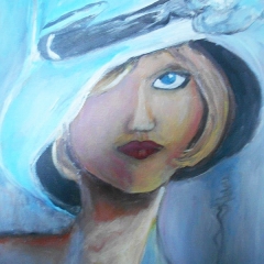 Femme au chapeau bleu 40x50